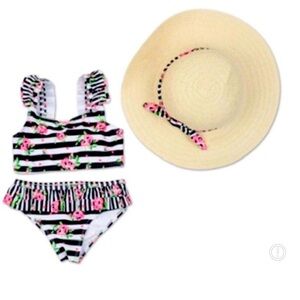 Betsey Johnson Girl’s Black Stripe Pink Floral Ruffle Bikini Swimsuit Hat 5, 6